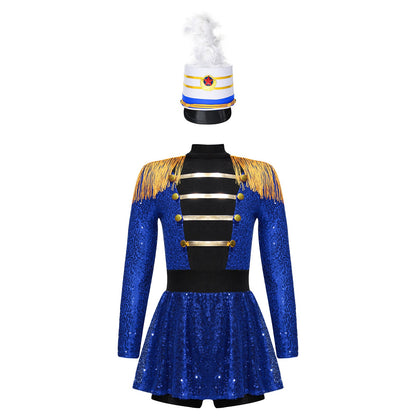 Girls Halloween Circus Ringmaster  Costume Long Sleeve Sequin Leotard Dress (Age 6-14YRS)