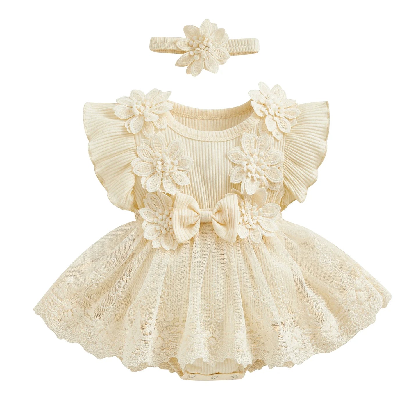 Baby Girls Romper Lace Ruffle Dress & Headband (Age 3-18M) Beige