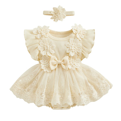 Baby Girls Romper Lace Ruffle Dress & Headband (Age 3-18M) Beige
