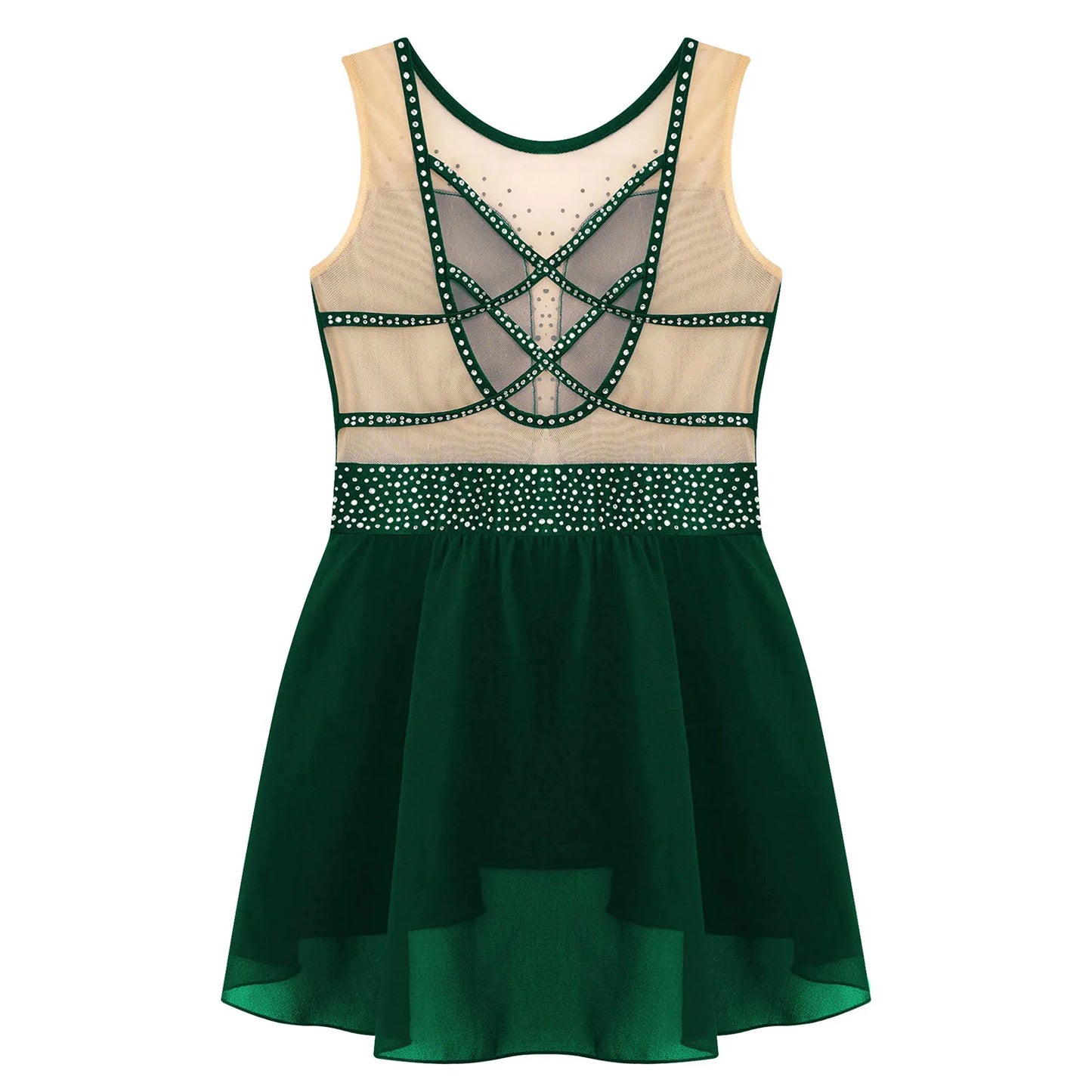 Rhinestone Gymnastics Figure Skating Dress for Teen Girls Sleeveless Sheer Mesh Tutu Ballet Leotard Lyrical Performance Costume