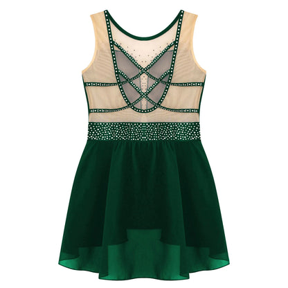 Rhinestone Gymnastics Figure Skating Dress for Teen Girls Sleeveless Sheer Mesh Tutu Ballet Leotard Lyrical Performance Costume
