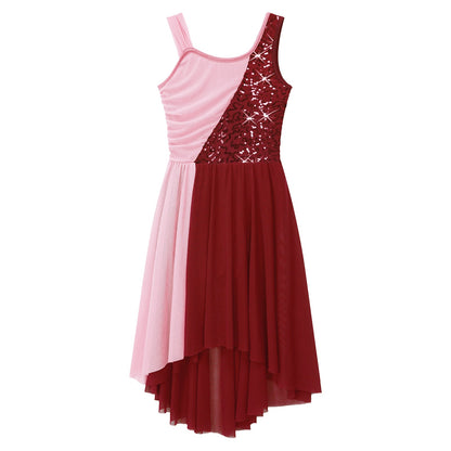 Girls Dance Sleeveless Color Block m Leotard Dress (Age 6-16YRS)