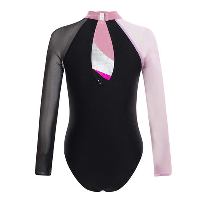 Girls Ballet Dance Leotard Gymnastics  Rhinestones Sheer Mesh Long Sleeve (Age 4-16 YRS)