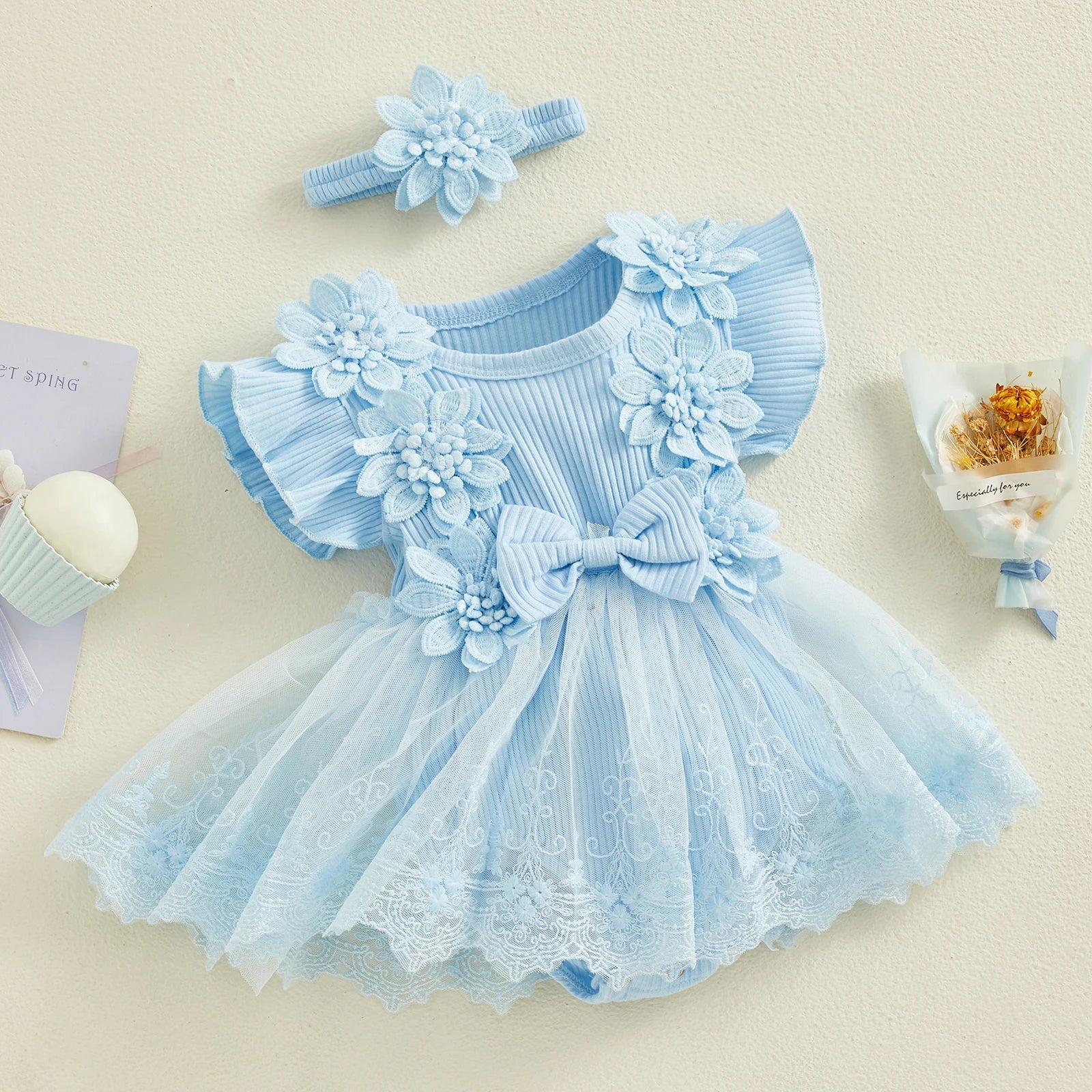 Baby Girls Romper Lace Ruffle Dress & Headband (Age 3-18M)