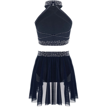 Girls Rhinestones Dance Outfit Tops & Skirt Set (Age 6-16 YRS)