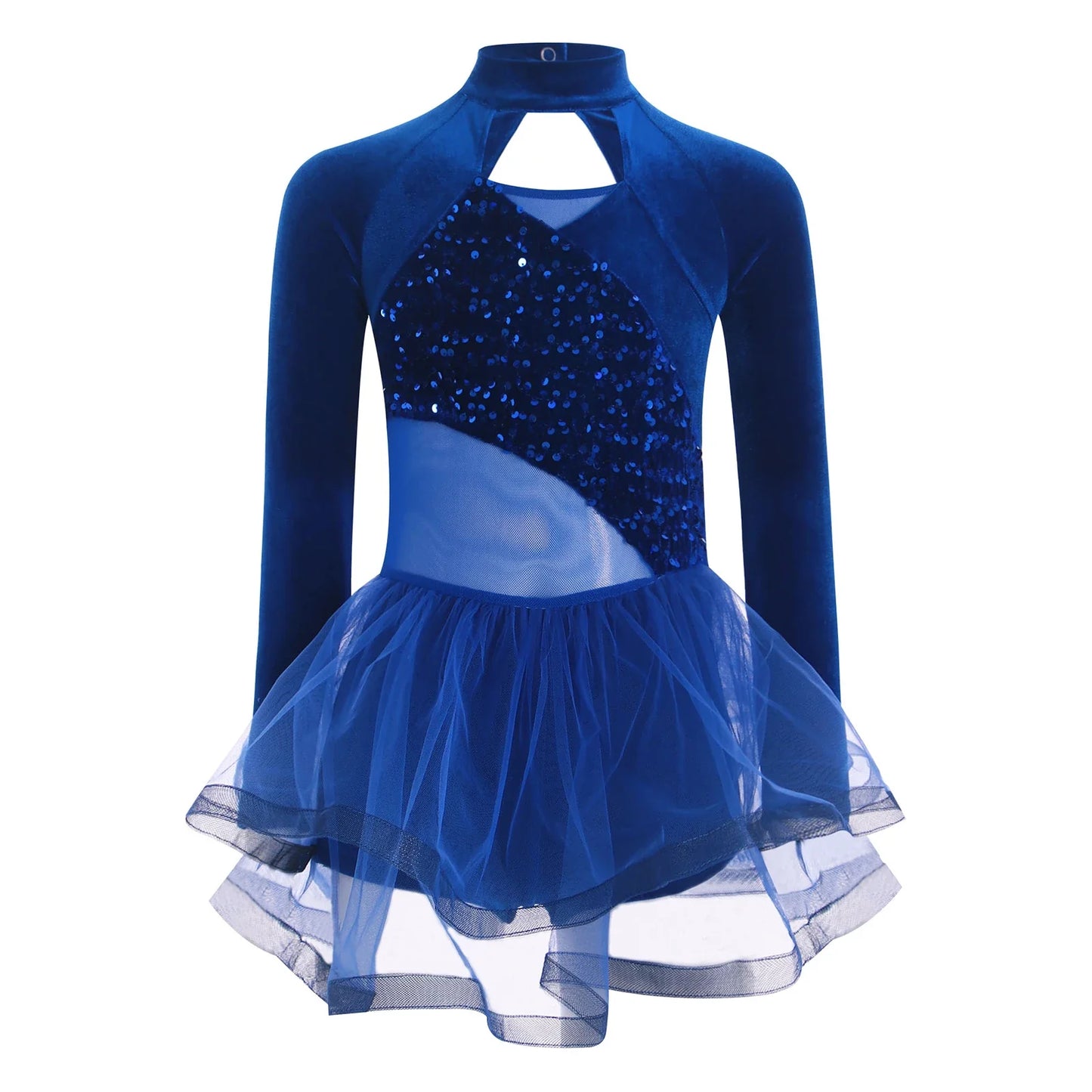 Girls Figure Skating Dance Costume Sequin Long Sleeve Velvet Mesh Leotard Dress (Age 6-14 YRS)