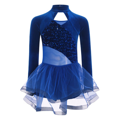 Girls Figure Skating Dance Costume Sequin Long Sleeve Velvet Mesh Leotard Dress (Age 6-14 YRS)