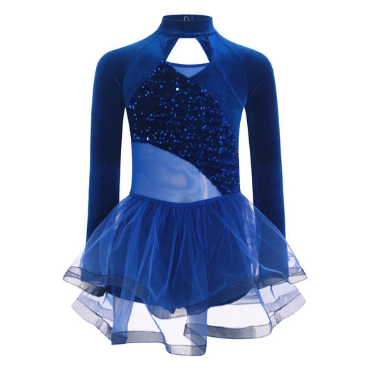 Girls Figure Skating Dance Costume Sequin Long Sleeve Velvet Mesh Leotard Dress (Age 6-14 YRS)