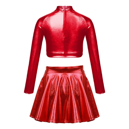 Girls Dance Metallic Long Sleeve Sequin Crop Top & Skirt (Age 6-14YRS)