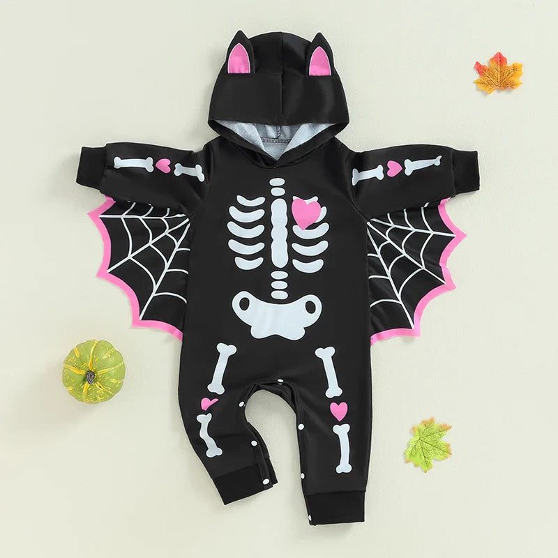 Baby Halloween Bat Costume Romper – Skeleton Cobweb Hooded Jumpsuit with Big Ears | Ages Newborn–24M