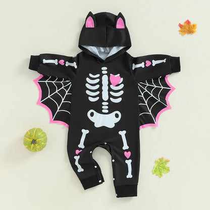 Baby Halloween Bat Costume Romper – Skeleton Cobweb Hooded Jumpsuit with Big Ears | Ages Newborn–24M