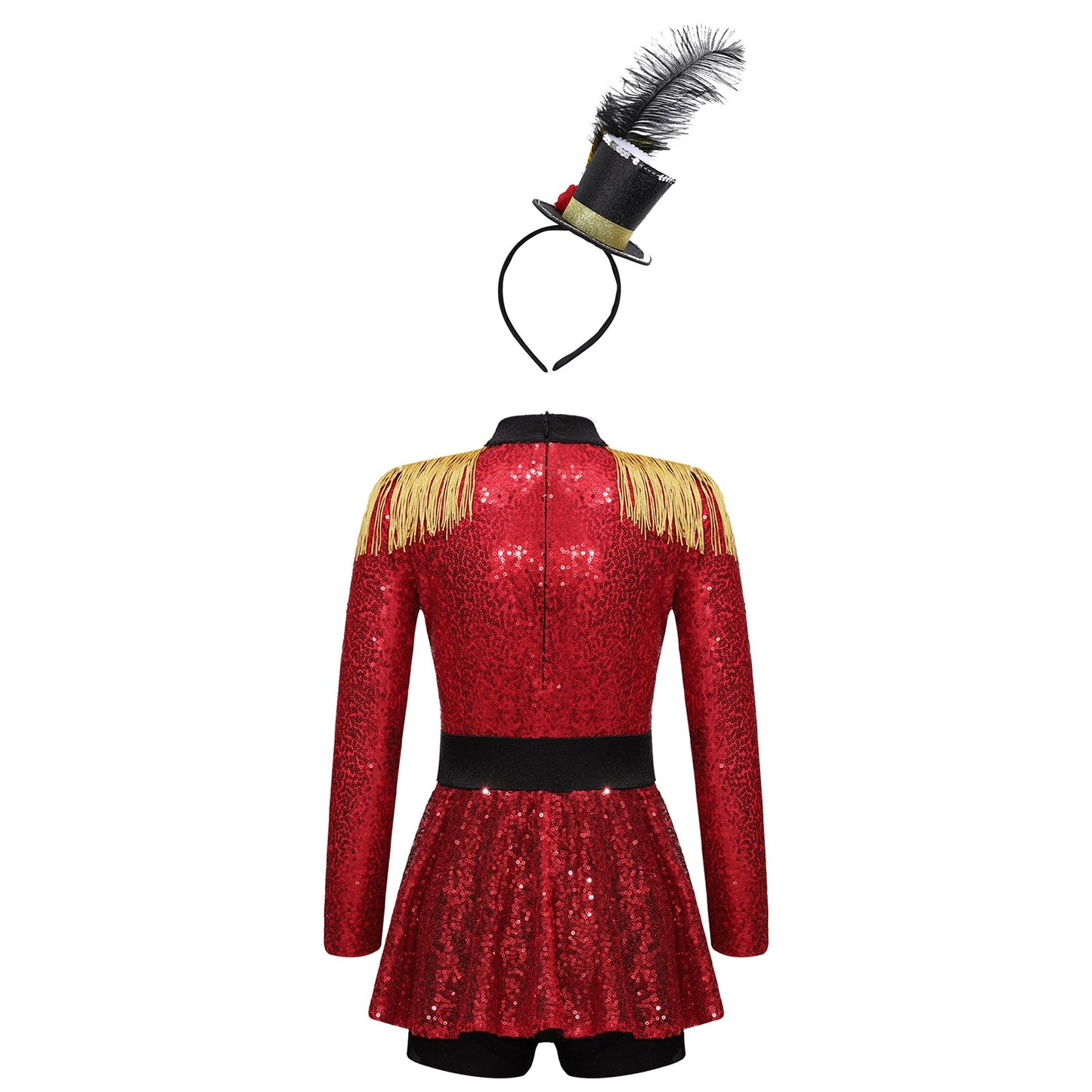 Girls Halloween Circus Ringmaster  Costume Long Sleeve Sequin Leotard Dress (Age 6-14YRS)