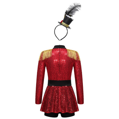 Girls Halloween Circus Ringmaster  Costume Long Sleeve Sequin Leotard Dress (Age 6-14YRS)