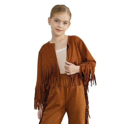 Kids Western Cowboy Cowgirl Costume Long Sleeve Tassels Fringe Jacket (Age 6-16YRS)