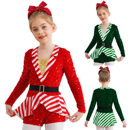 Girls Christmas Candy Cane Long Sleeve Sequin Stripe Costume (Age 6-16 YRS)