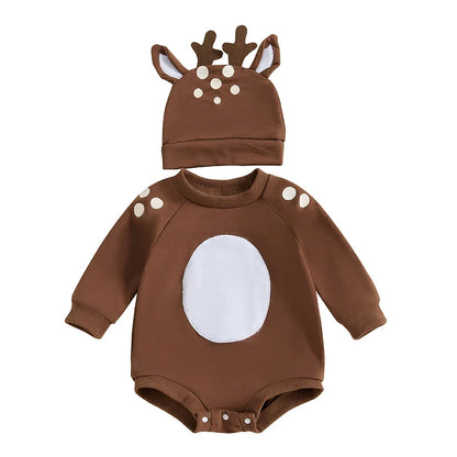 Baby Girls/Boys Reindeer Christmas Romper & Hat (Age Newborn-18M)