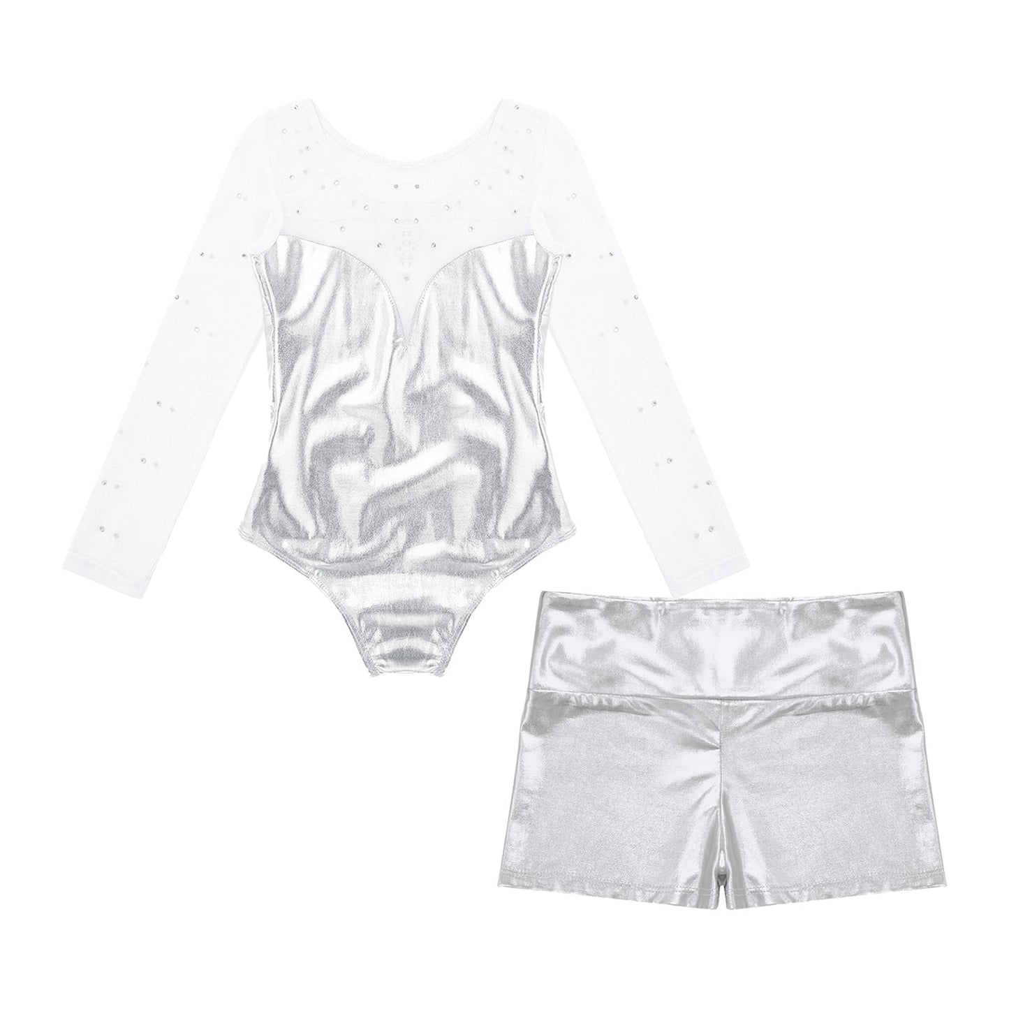Girls Rhinestone Metallic Dance Bodysuit & Shorts Set (Age 4-12 YRS)