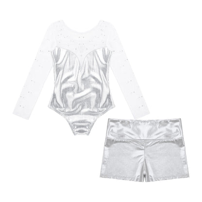 Girls Rhinestone Metallic Dance Bodysuit & Shorts Set (Age 4-12 YRS)
