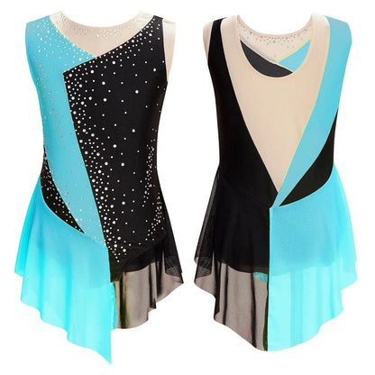 Rhinestone Gymnastics Figure Skating Dress for Teen Girls Sleeveless Sheer Mesh Tutu Ballet Leotard Lyrical Performance Costume