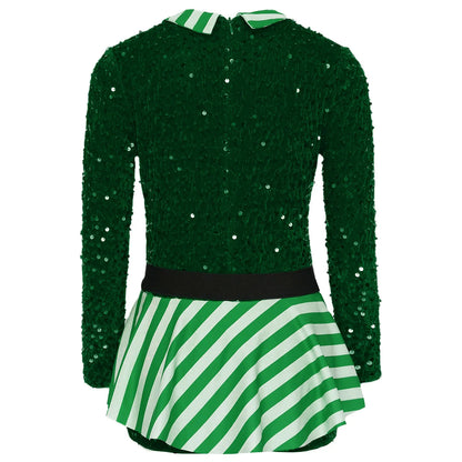 Girls Christmas Candy Cane Long Sleeve Sequin Stripe Costume (Age 6-16 YRS)