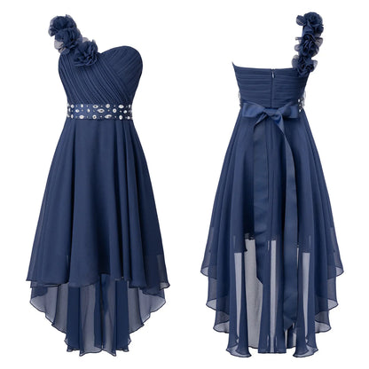 Girls Applique One-Shoulder Ruched Asymmetrical Hem Dress (Age 6-16YRS)