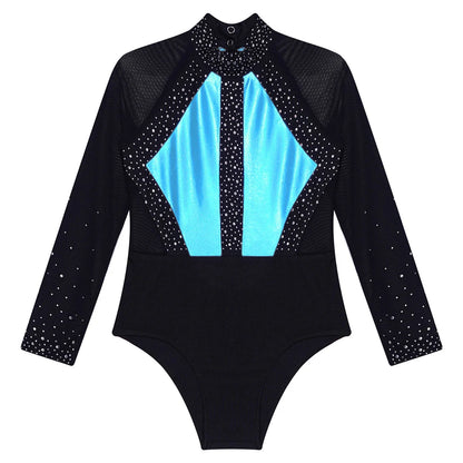 Girls Dance Performance Costume Long Sleeve Rhinestone Leotard (Age 6-16 YRS)