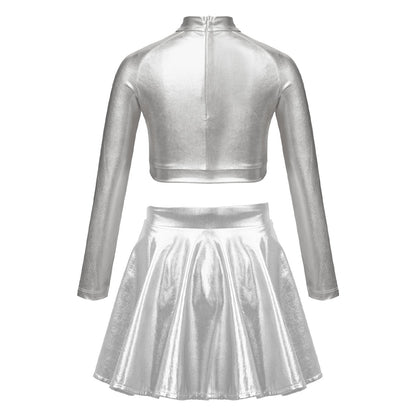 Girls Dance Metallic Long Sleeve Sequin Crop Top & Skirt (Age 6-14YRS)