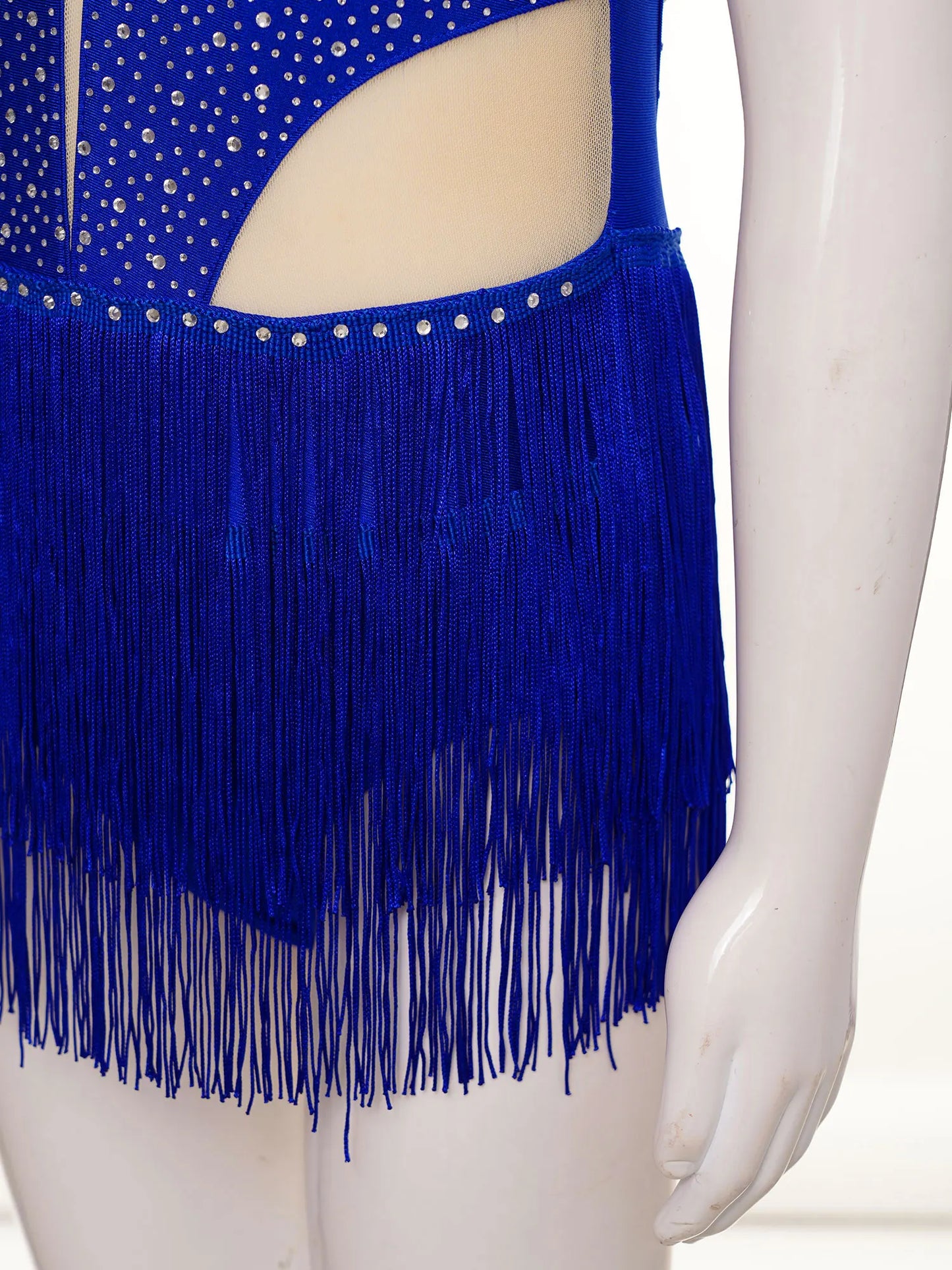 Girls Dance Costume Sleeveless Rhinestone Tassel Leotard (Age 6-16 YRS)