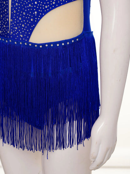 Girls Dance Costume Sleeveless Rhinestone Tassel Leotard (Age 6-16 YRS)