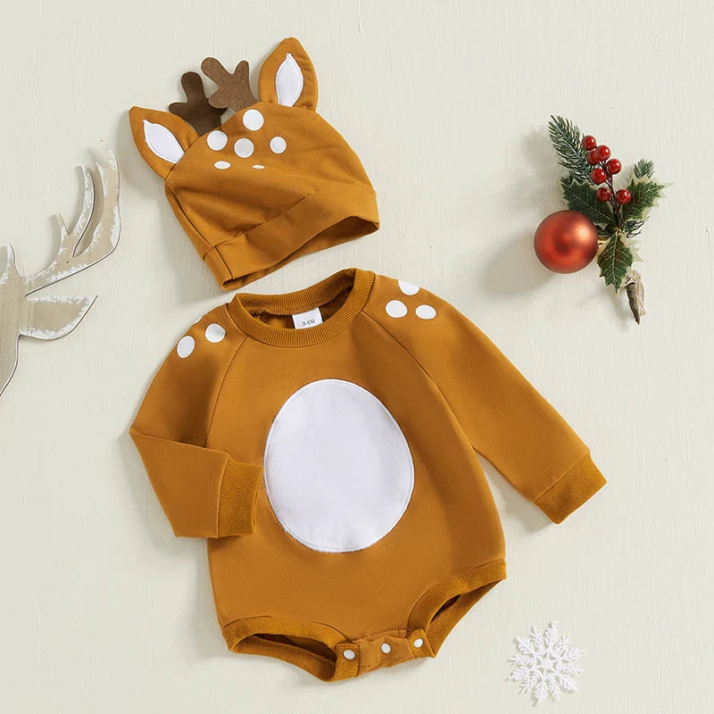 Baby Girls/Boys Reindeer Christmas Romper & Hat (Age Newborn-18M)