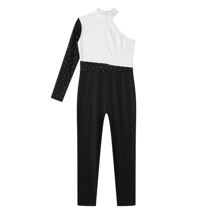 Girls Gymnastics Rhinestones Sheer Mesh Jumpsuit (Age 6-16 YRS)