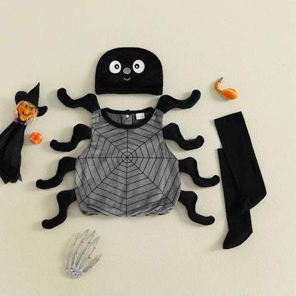 Infant Baby Boy Girl Halloween Spider Cosplay Costume Sleeveless Vest Tops Long Socks Hat 3pcs Sets Party Club Toddler Clothes