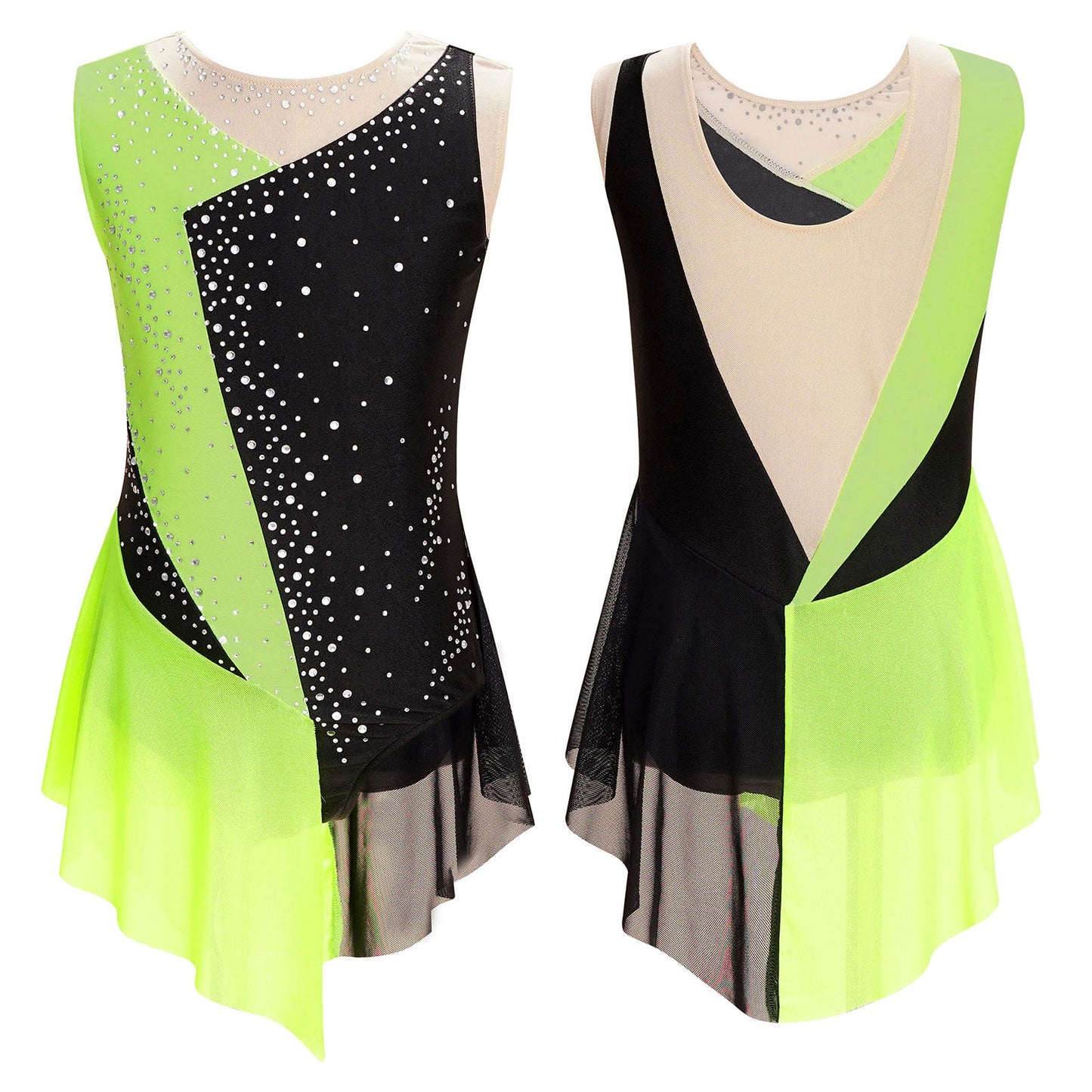 Rhinestone Gymnastics Figure Skating Dress for Teen Girls Sleeveless Sheer Mesh Tutu Ballet Leotard Lyrical Performance Costume
