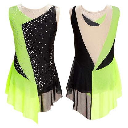 Rhinestone Gymnastics Figure Skating Dress for Teen Girls Sleeveless Sheer Mesh Tutu Ballet Leotard Lyrical Performance Costume