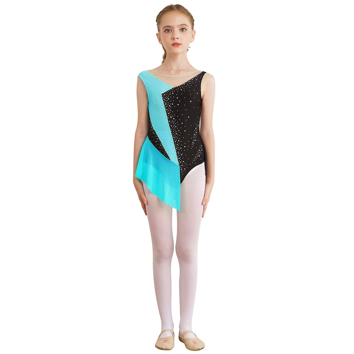 Rhinestone Gymnastics Figure Skating Dress for Teen Girls Sleeveless Sheer Mesh Tutu Ballet Leotard Lyrical Performance Costume