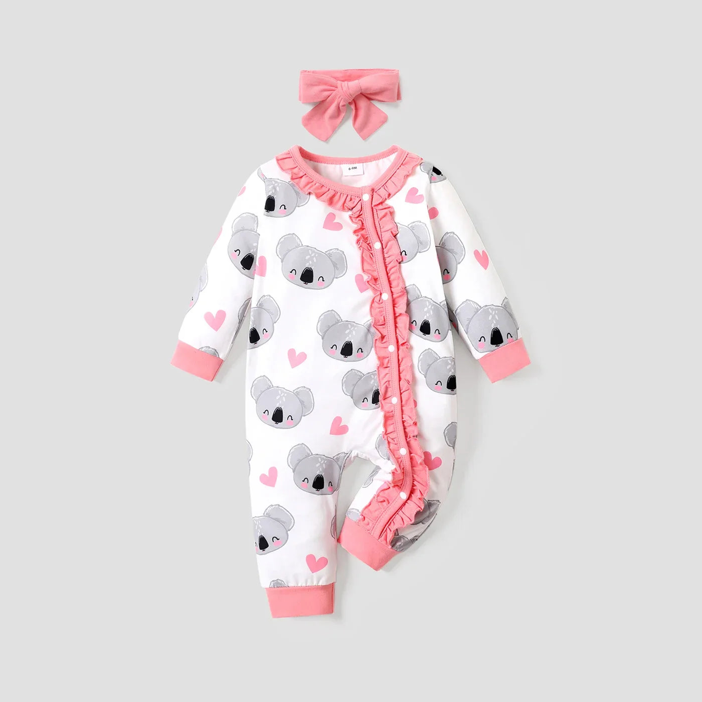 Baby Girls Koala Print White Long-Sleeve Ruffle Snap-up Jumpsuit (Age Newborn-18M)