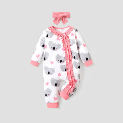 Baby Girls Koala Print White Long-Sleeve Ruffle Snap-up Jumpsuit (Age Newborn-18M)
