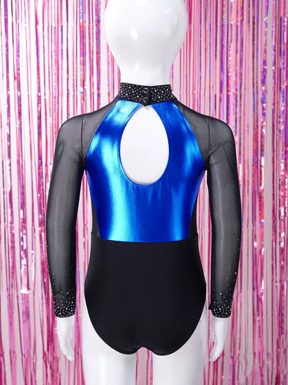 Girls Dance Performance Costume Long Sleeve Rhinestone Leotard (Age 6-16 YRS)