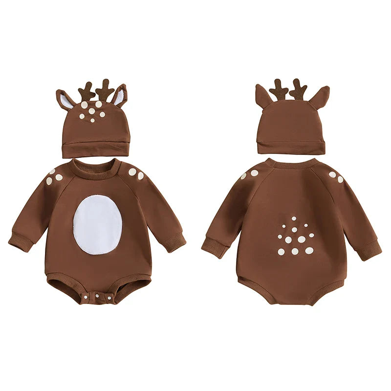Baby Girls/Boys Reindeer Christmas Romper & Hat (Age Newborn-18M)