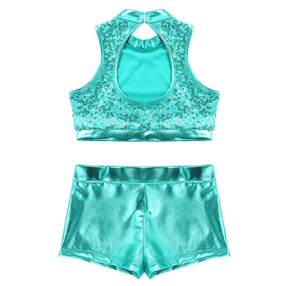 Girls Dance Costume Sequin Crop Top & Shorts Set (Age 6-12 YRS)