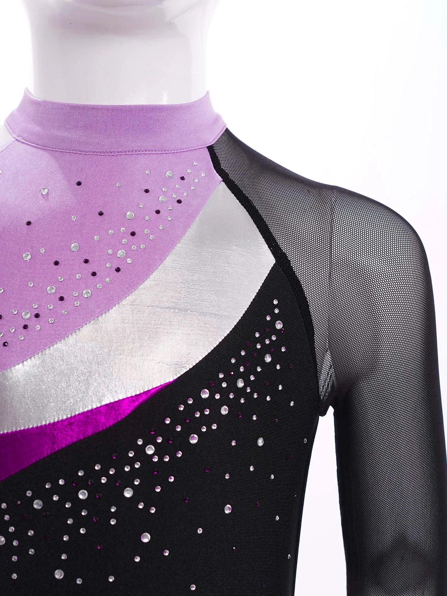Girls Ballet Dance Leotard Gymnastics  Rhinestones Sheer Mesh Long Sleeve (Age 4-16 YRS)