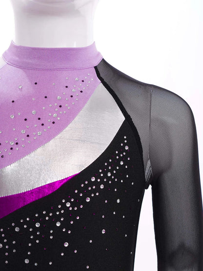 Girls Ballet Dance Leotard Gymnastics  Rhinestones Sheer Mesh Long Sleeve (Age 4-16 YRS)