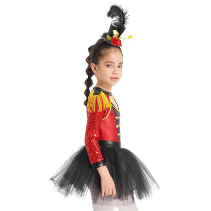Girls Circus Ringmaster Magician Sequin Leotard Tutu Dress Costume (Age 6-16 YRS)