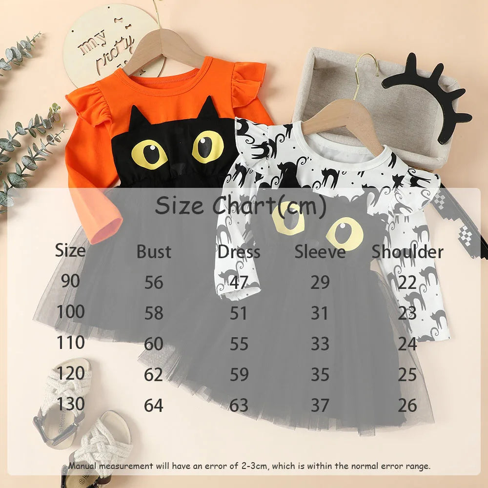 Halloween Infant Baby Girls Tulle Costume Cute Black Cat Lace Dress Ruffles Long Sleeve Princess Clothes Party Outfits