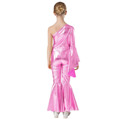 Girls Dance Metallic One Shoulder Bell-Bottom Jumpsuit (Age 6-16YRS)
