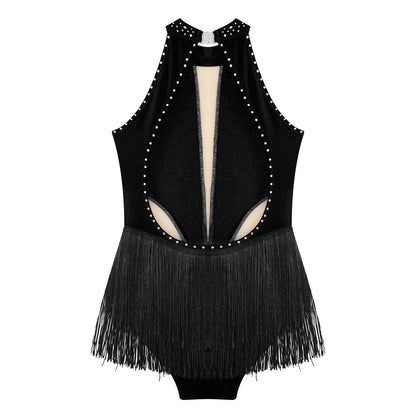 Girls Dance Costume Sleeveless Rhinestone Tassel Leotard (Age 6-16 YRS)