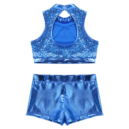 Girls Dance Costume Sequin Crop Top & Shorts Set (Age 6-12 YRS)