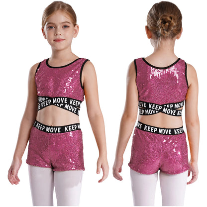 Girls Sequin Dance Top & Shorts Set (Age 4-16YRS)