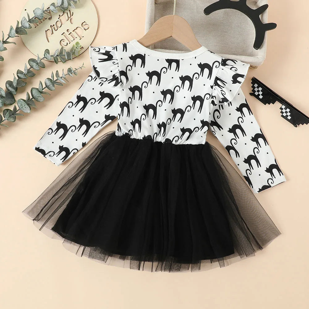 Halloween Infant Baby Girls Tulle Costume Cute Black Cat Lace Dress Ruffles Long Sleeve Princess Clothes Party Outfits