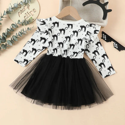 Halloween Infant Baby Girls Tulle Costume Cute Black Cat Lace Dress Ruffles Long Sleeve Princess Clothes Party Outfits